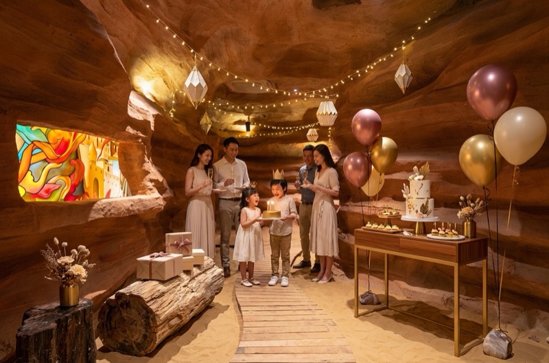 A birthday celebration in the sandstone cave room