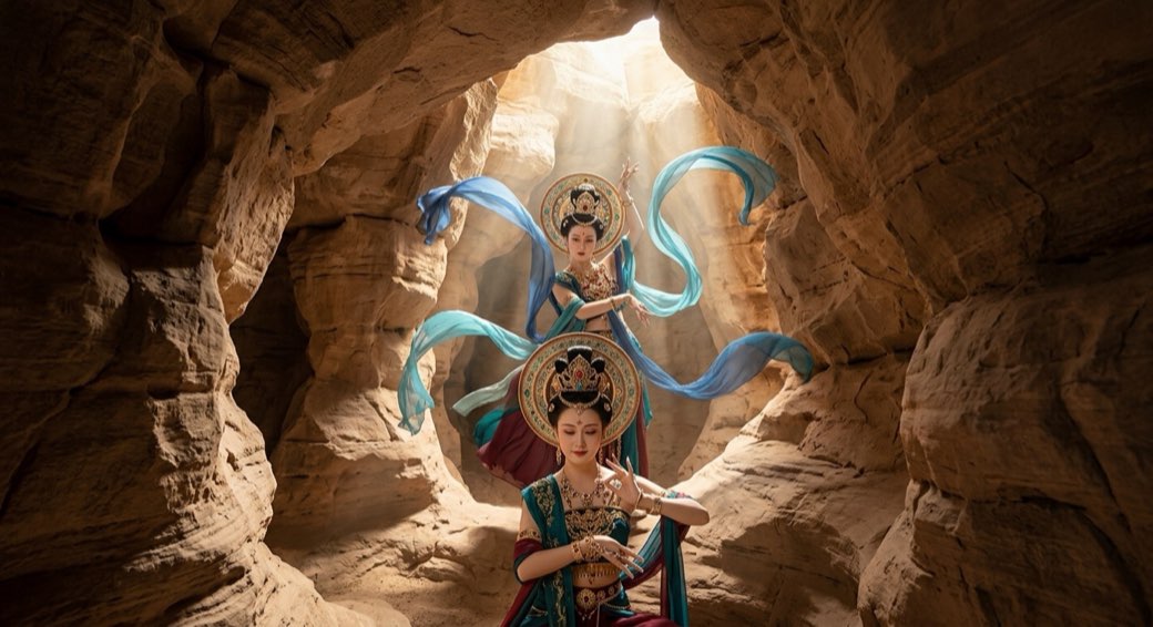 Performers photographed in the sandstone canyon