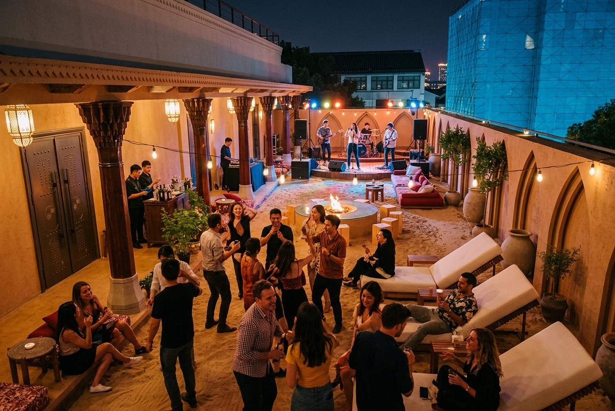 A rooftop celebration at night with live music, fire pit and guests