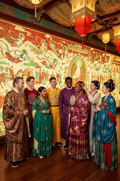 Guests in traditional Hanfu before the Dunhuang mural wall