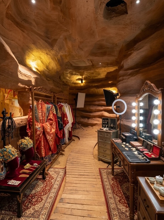 The sandstone dressing room with robes, mirrors and styling stations