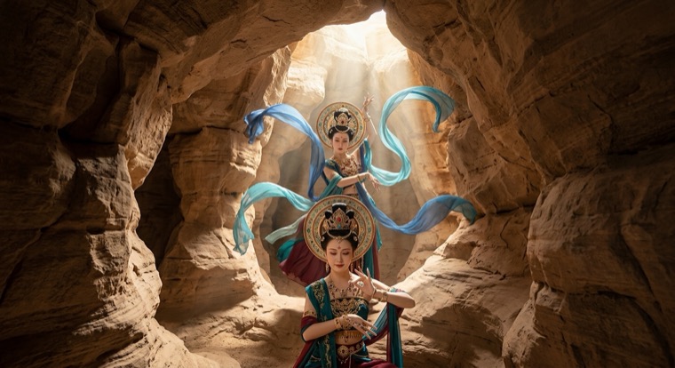 Performers in Dunhuang costume photographed in the sandstone canyon