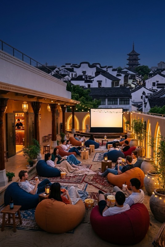 Guests on bean bags watching a film on the rooftop at night