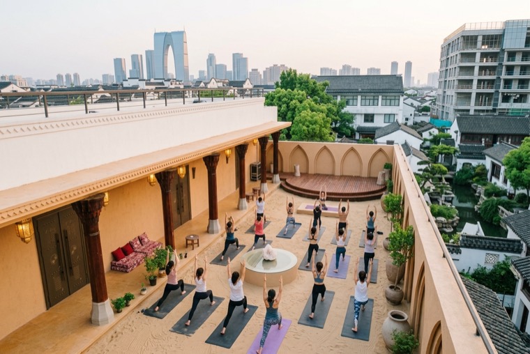 A rooftop yoga class at dusk above the Suzhou skyline