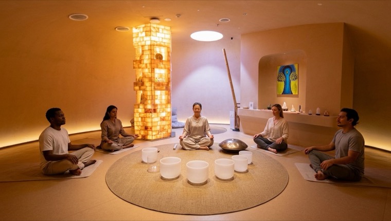 A sound healing circle around singing bowls in the salt-lamp room